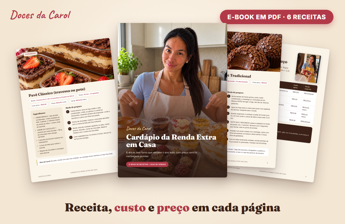 Páginas do e-book com receita, custo e preço de cada doce