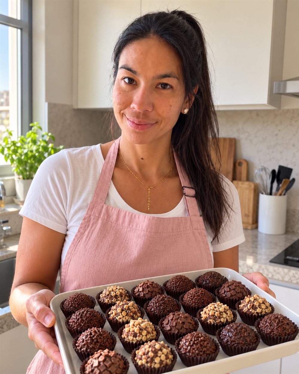 Carol segurando uma travessa com fileiras de brigadeiros de confeitos variados