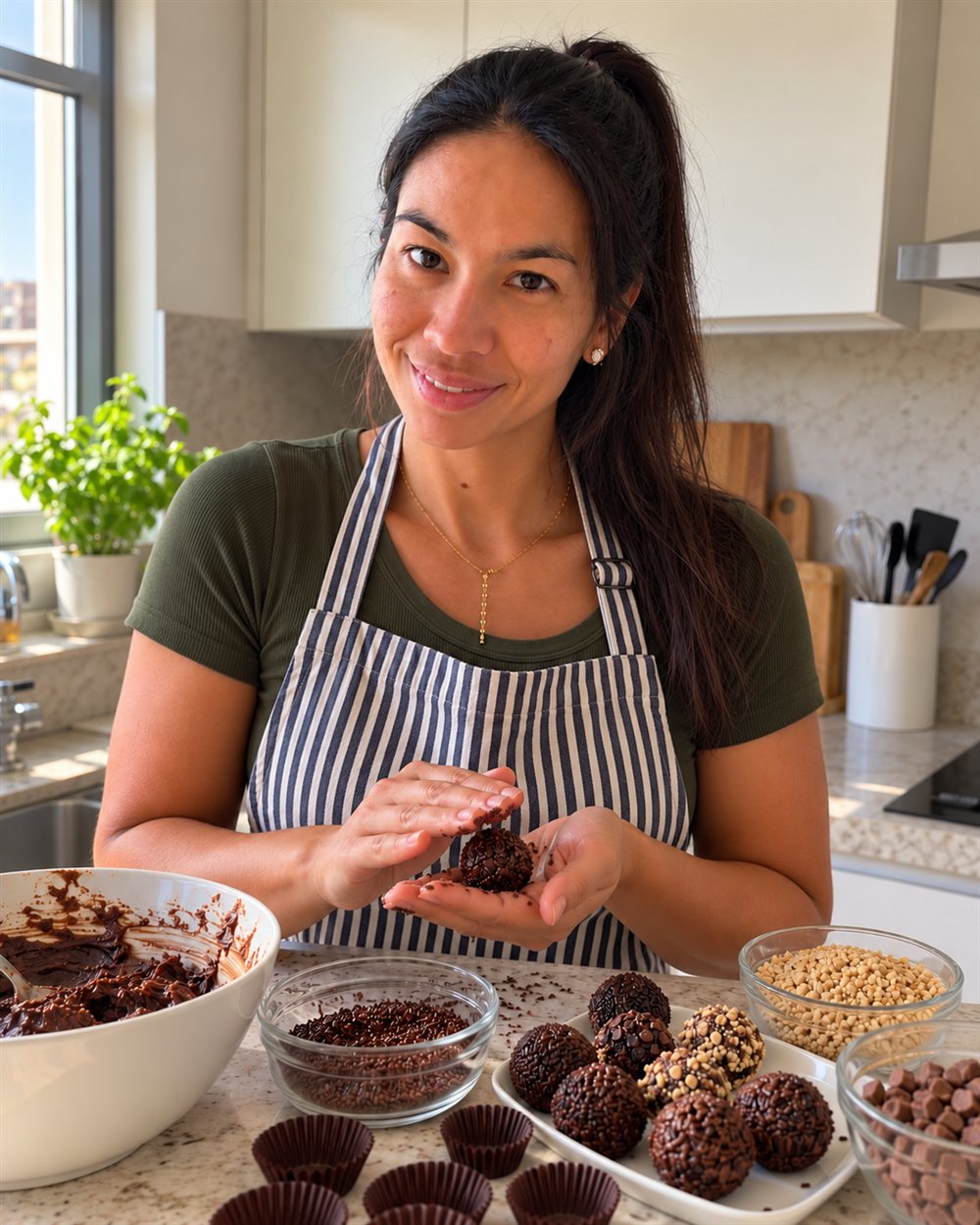 Carol enrolando brigadeiros à mão na bancada da cozinha
