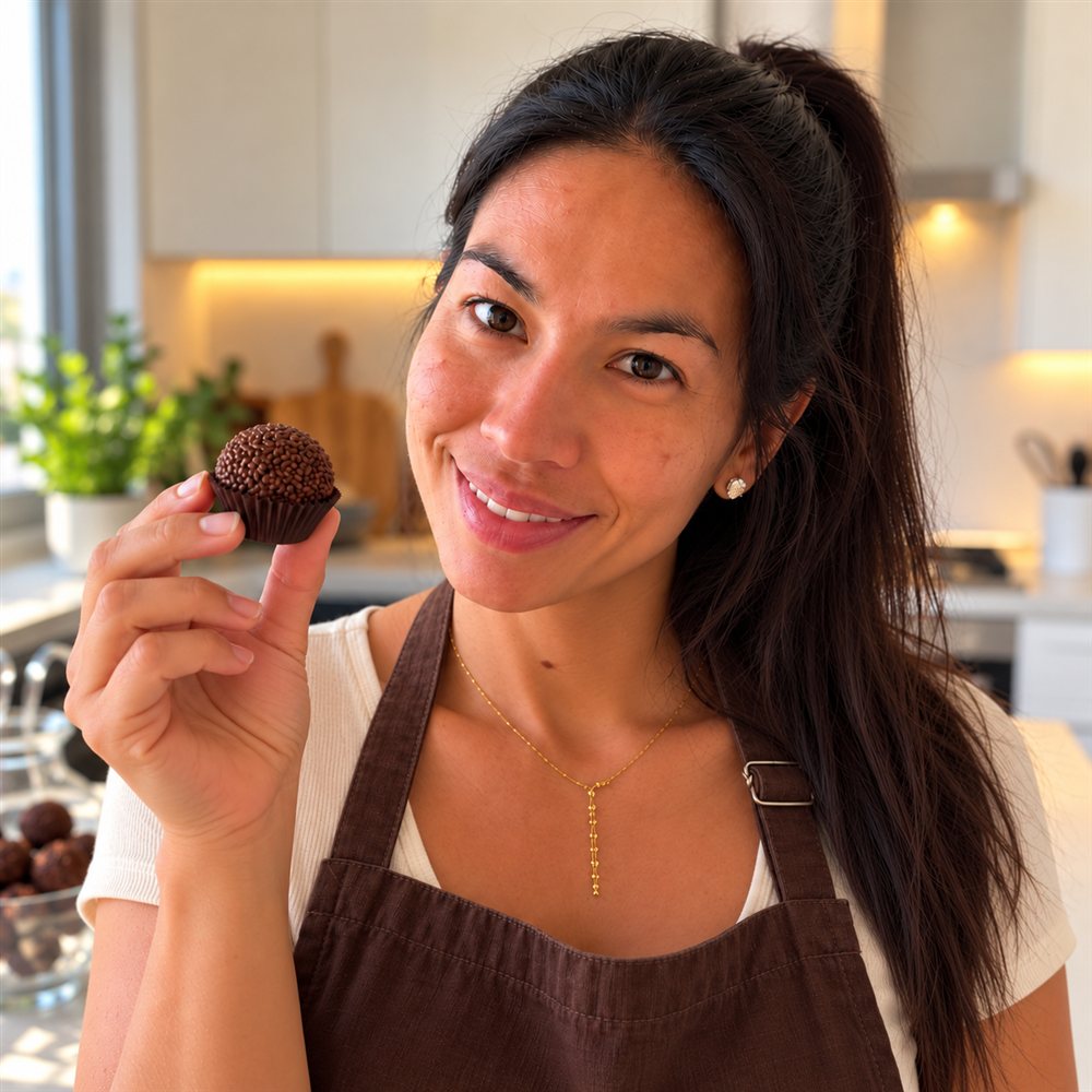 Carol sorrindo e mostrando um brigadeiro na cozinha de casa